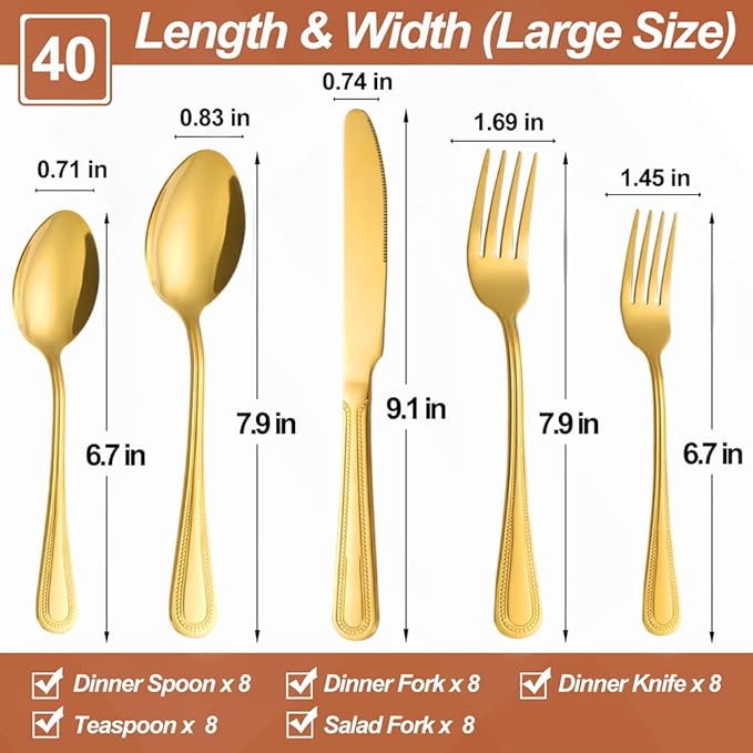 40 Pcs Gold Silverware Set for 8 with Pearled Edge Handle design, Food Grade Stainless Steel Flatware Set, Eating Utensils Sets Include Fork/Knife/Spoon, Reusable Cutlery Set, Dishwasher Safe-Ruum Studio Home