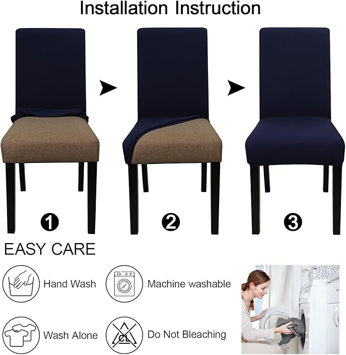 JQinHome 6 Pcs Dining Chair Slipcover,High Stretch Removable Washable Chair Seat Protector Cover for Home Party Hotel Wedding Ceremony (Navy Blue)