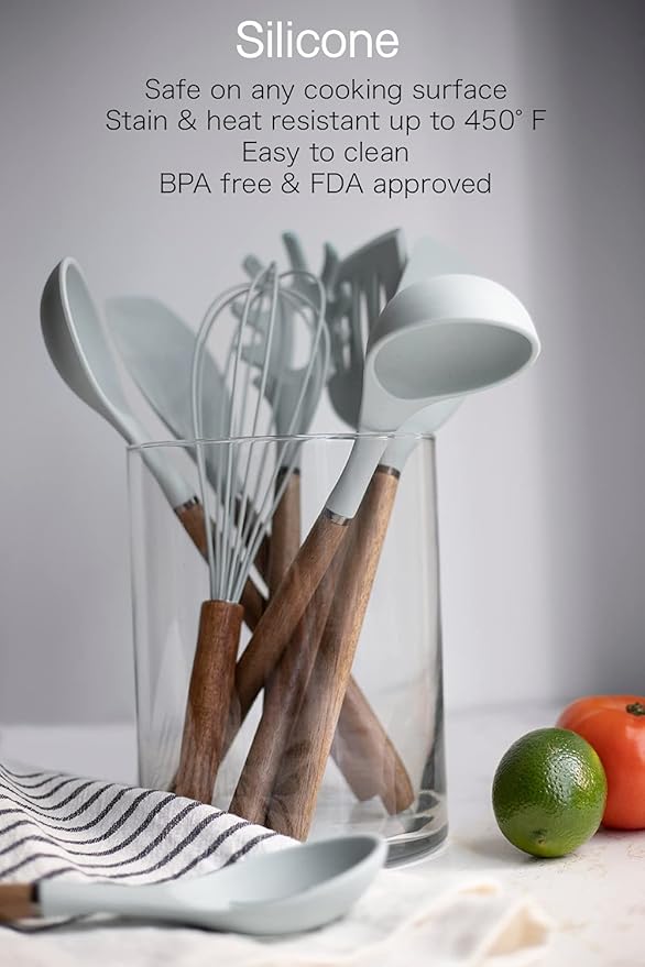 Country Kitchen Non Stick Silicone Utensil Set with Rounded Wood Handles for Cooking and Baking, 8 Piece Set, White-Ruum Studio Home