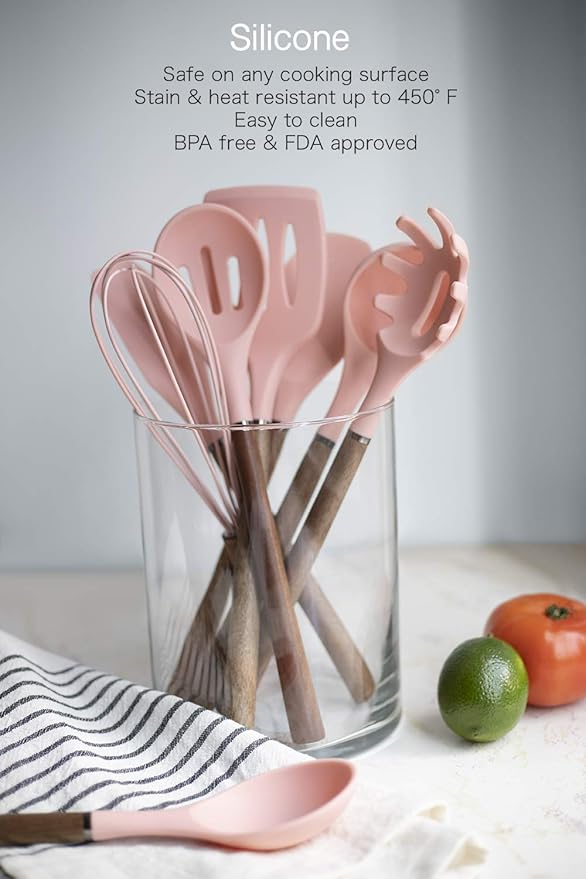 Country Kitchen Non Stick Silicone Utensil Set with Rounded Wood Handles for Cooking and Baking, 8 Piece Set, Pink-Ruum Studio Home