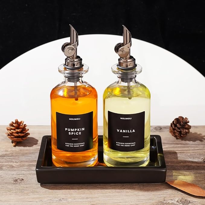 Molimoli Oil and Vinegar Dispenser with Metal Pour Spout, Weighted Pourer, Glass Bottle Dispenser for Kitchen w. Ceramic Tray|Black, 350ml, Set of 2-Ruum Studio Home
