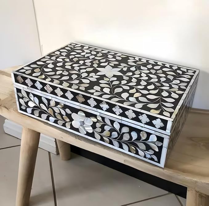 Decorative Wooden Storage Box with Mother of Pearl Inlay – Elegant Floral Design – Perfect for Home Décor in Living Room, Dining Area, or Bedroom (Black, 12x8x5 inches)-Ruum Studio Home
