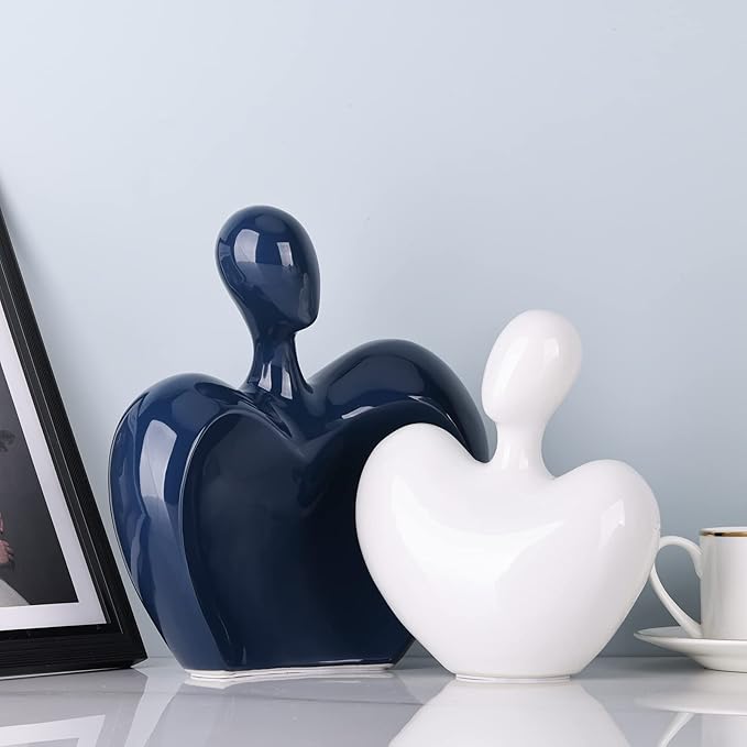 XMGZQ Blue and White Ceramic Couple Figurines Home Decor Accent,Wedding Engagement Romantic Gift for Husband Wife,Large Male and Female Love Statue Valentine's Day Birthday,Abstract Hugging Couple-Ruum Studio Home