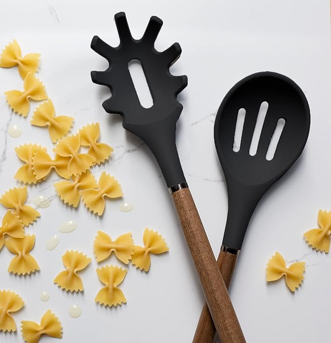Country Kitchen Non Stick Silicone Utensil Set with Rounded Wood Handles for Cooking and Baking, 8 Piece Set, Black-Ruum Studio Home
