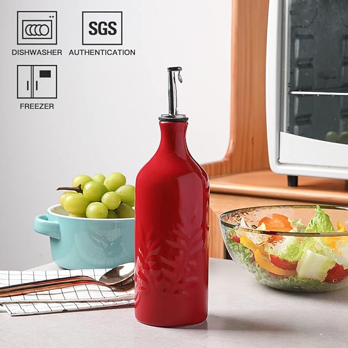 Sweejar Ceramic Olive Oil Dispenser Bottle, 20 Oz Relief Opaque Oil Cruet Protects Oil To Reduce Oxidation, Suitable for Storage Oil, Vinegar, Soy Sauce, Coffee Syrup, Liquids, Set of 1 (Red)-Ruum Studio Home