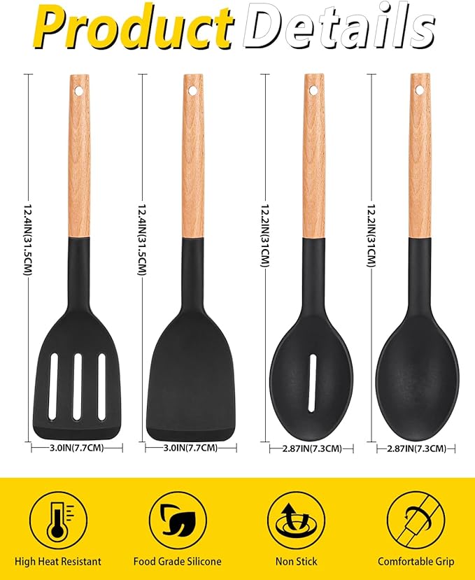 Pack of 4 Silicone Cooking Utensils Set, Non Stick Solid Spatulas and Heat Resistant Slotted Spoons with Wooden Handle, Ideal Wood Kitchen Utensils Set for Frying,Serving,Turning,Stirring (BLACK)-Ruum Studio Home