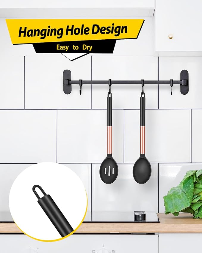 Pack of 2 Large Silicone Cooking Spoons,Non Stick Solid Basting Spoon,Heat-Resistant Kitchen Utensils for Mixing,Serving,Draining,Stirring (ROSE GOLD BLACK)-Ruum Studio Home