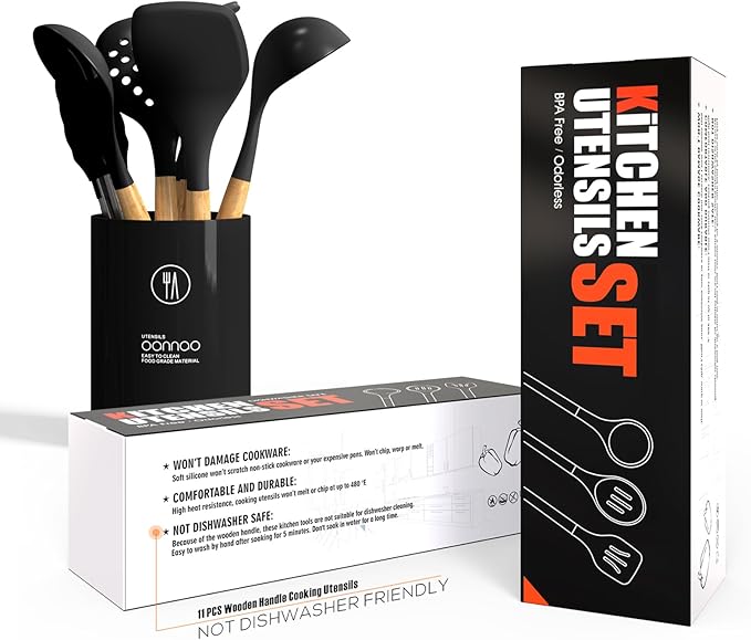Silicone Cooking Utensils Set - 446°F Heat Resistant Silicone Kitchen Utensils for Cooking,Kitchen Utensil Spatula Set w Wooden Handles and Holder, BPA FREE Gadgets for Non-Stick Cookware (Black)-Ruum Studio Home