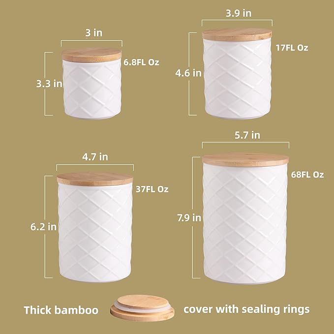 Sweejar Ceramic Canisters Sets for Kitchen Countertop, Relief Food Storage Jar with Bamboo Lid, Stackable Container for Flour, Coffee, Pasta, Cereal, Tea, Cookies, Sugar, Spices, Pack of 4 (Gray)-Ruum Studio Home