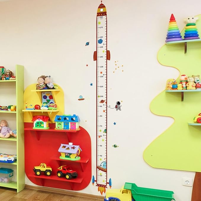 Rocket Self-adheve Vinyl Nursery Wall Decal Baby Growth Chart Sticker for Bedroom Play Room Peel and Stick Kindergarten Height Measure Mural-Ruum Studio Home