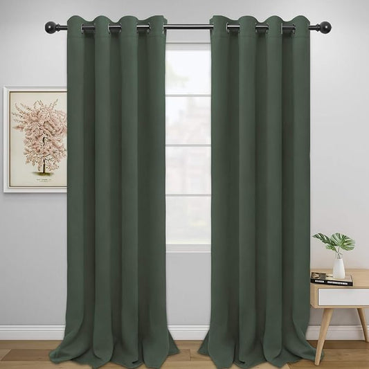 Easy-Going Blackout Curtains for Bedroom, Solid Thermal Insulated Grommet and Noise Reduction Window Drapes, Room Darkening Curtains for Living Room, 2 Panels (52x96 in,Greyish Green)-Ruum Studio Home