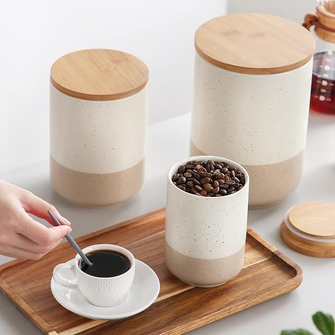 vancasso Sabine Small Ceramic Canister with Airtight Wood Lid - 18 oz Kitchen Storage for Coffee, Sugar, Tea & Spices - Compact Countertop Jar-Ruum Studio Home