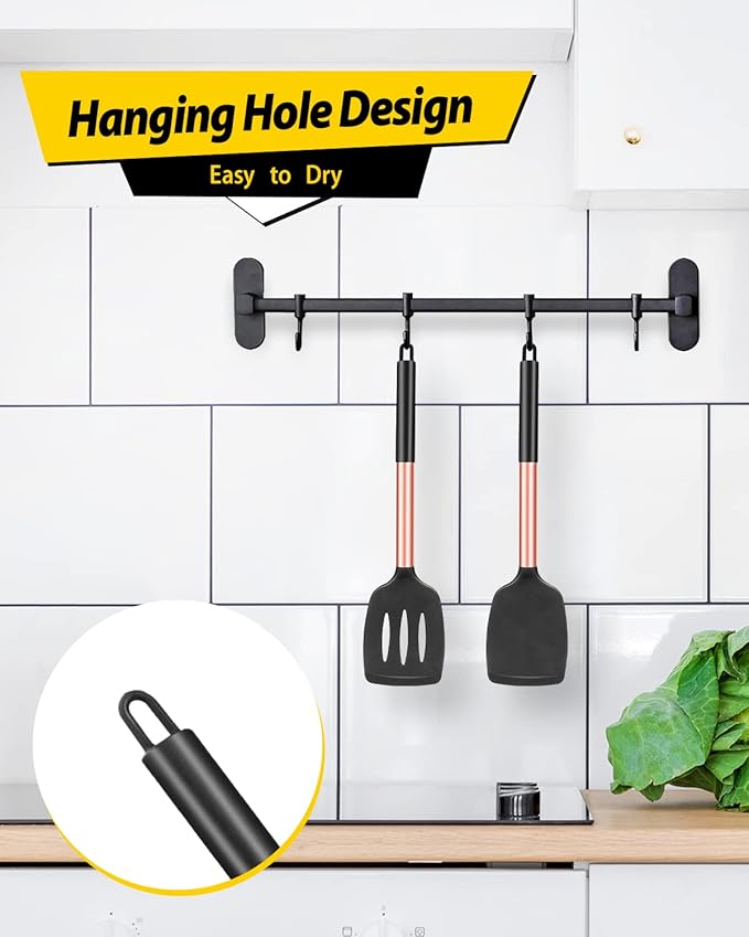 Pack of 2 Silicone Solid Turner, Non Stick Slotted Kitchen Spatulas, High Heat Resistant BPA Free Cooking Utensils, Ideal Cookware for Fish, Eggs, Pancakes(Rose Gold Black)-Ruum Studio Home