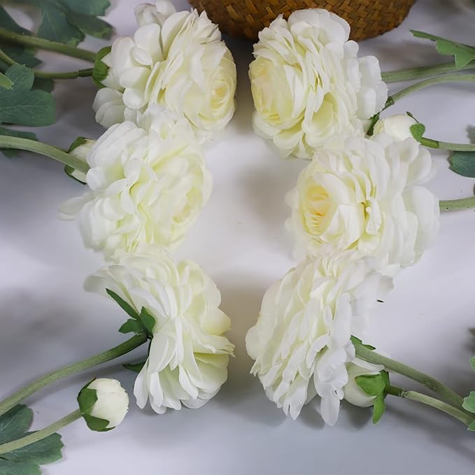 Artificial Ranunculus Long Stem Buttercup Silk Flowers 6pcs for Home Decor and Wedding Decorations(White 1)-Ruum Studio Home