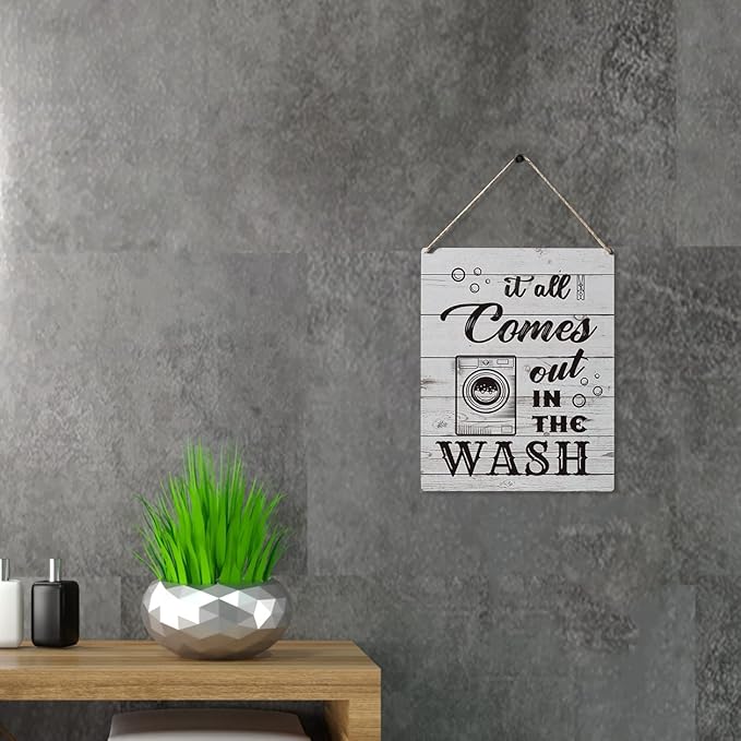 Qious Laundry Sign Gift Farmhouse It All Comes Out in the Wash Wooden Hanging Sign Plaque Rustic Wall Art Decor for Home Laundry Decoration 10 x 8 Inches-Ruum Studio Home
