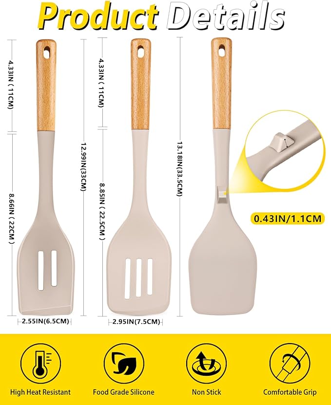 Pack of 4 Silicone Kitchen Utensils Set, Non Stick Solid Spatulas and Heat Resistant Slotted Spoons with Wooden Handle, Ideal BPA Free Cooking Utensils for Mixing,Serving,Turning,Stirring(KHAKI)-Ruum Studio Home