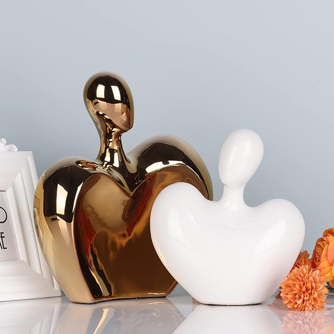 XMGZQ White and Gold Ceramic Couple Figurines Home Decor,Wedding Engagement Romantic Gift for Husband Wife,Large Male and Female Love Statue Valentine's Day Birthday,Abstract Hugging Couple-Ruum Studio Home