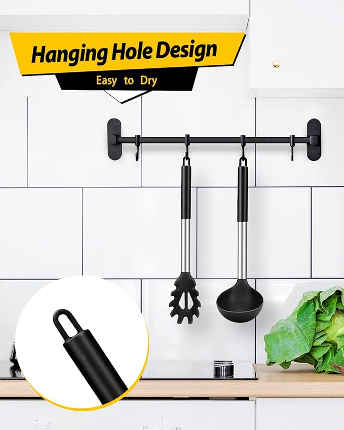 Silicone Pasta Fork and Ladle Spoon Set, Large Non Stick Kitchen Utensils for Cooking,Stirring,Serving Spaghetti, Soup, Sauce (BLACK)-Ruum Studio Home