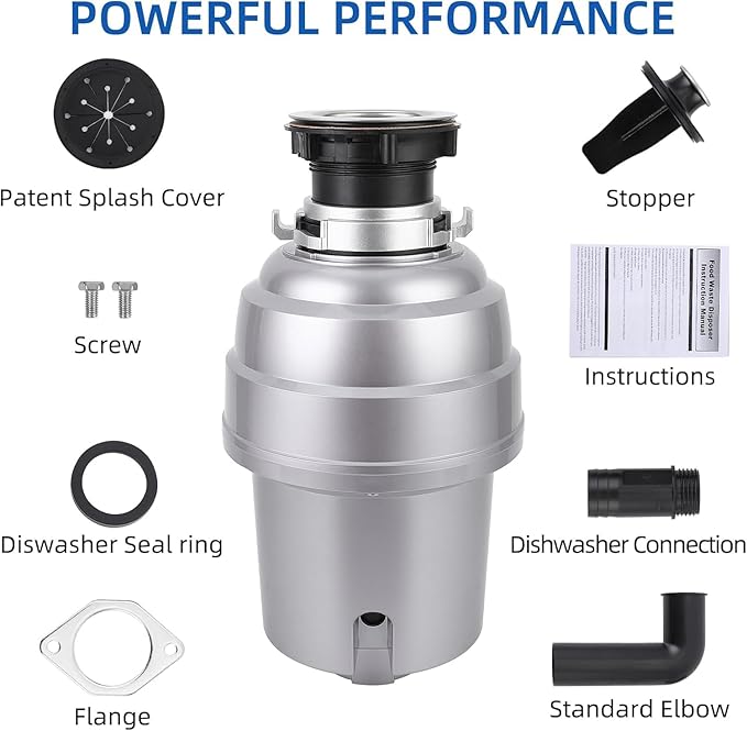 Powerful 1HP Stainless Steel Garbage Disposer, Dishwasher-Friendly and Continuous Feeding Waste Disposer, Grinding Material Four-Stage Grinding, Silver-Ruum Studio Home