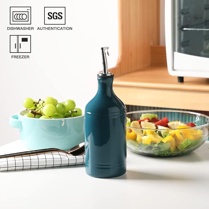 Sweejar Ceramic Olive Oil Dispenser Bottle, Opaque Oil Cruet Protects Oil to Reduce Oxidation, Suitable for Storage Oil, Vinegar, Coffee Syrups & Other Liquids, Pack of 1, 15.5 Fl Oz (Teal Green)-Ruum Studio Home