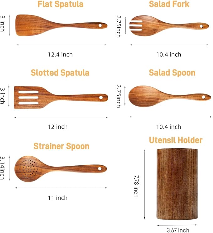 6 PCS Wooden Spoons for Cooking - Teak Wooden Cooking Utensils Set with Holder - Non-Stick, Soft Grip, Ergonomic Design - Natural Finish-Ruum Studio Home