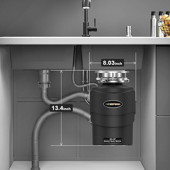 Garbage Disposal 3/4 HP Ultra Quiet powerful grinding Kitchen Food Waste Disposer with Power Cord Easy install, AC Motor Unit Continuous Feed Stainless Steel Grind 0.75 Horsepower (MAX-5)-Ruum Studio Home