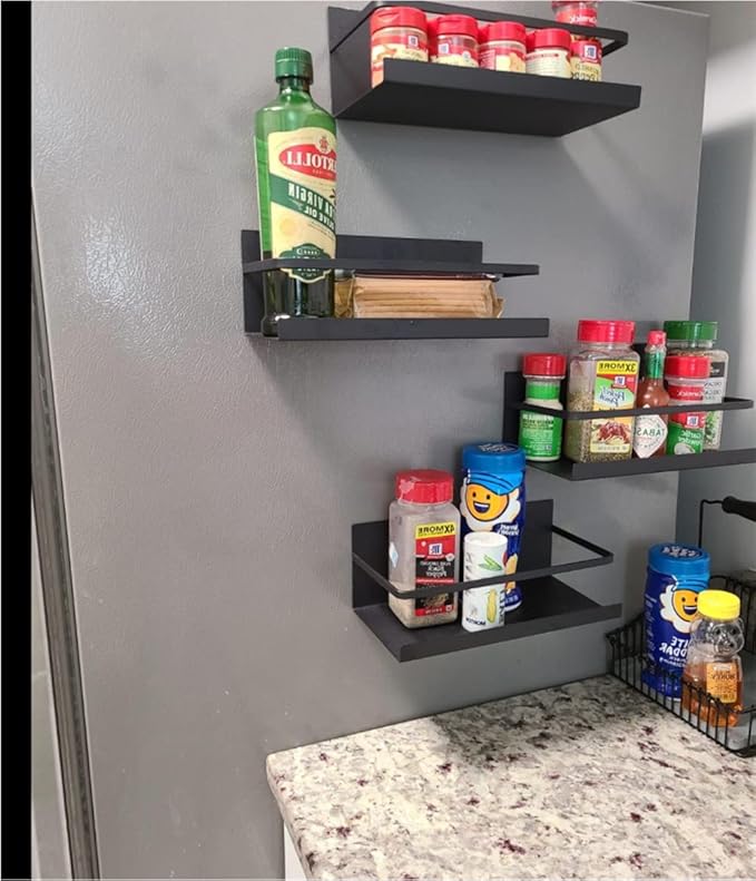 Magnetic Spice Rack Holder Paper Towel Holder with Hook for Refrigerator Fridge Organizer for Kitchen, Space Saver Container for Kitchen/Apartment, Drill Free, Black,3 Packs-Ruum Studio Home