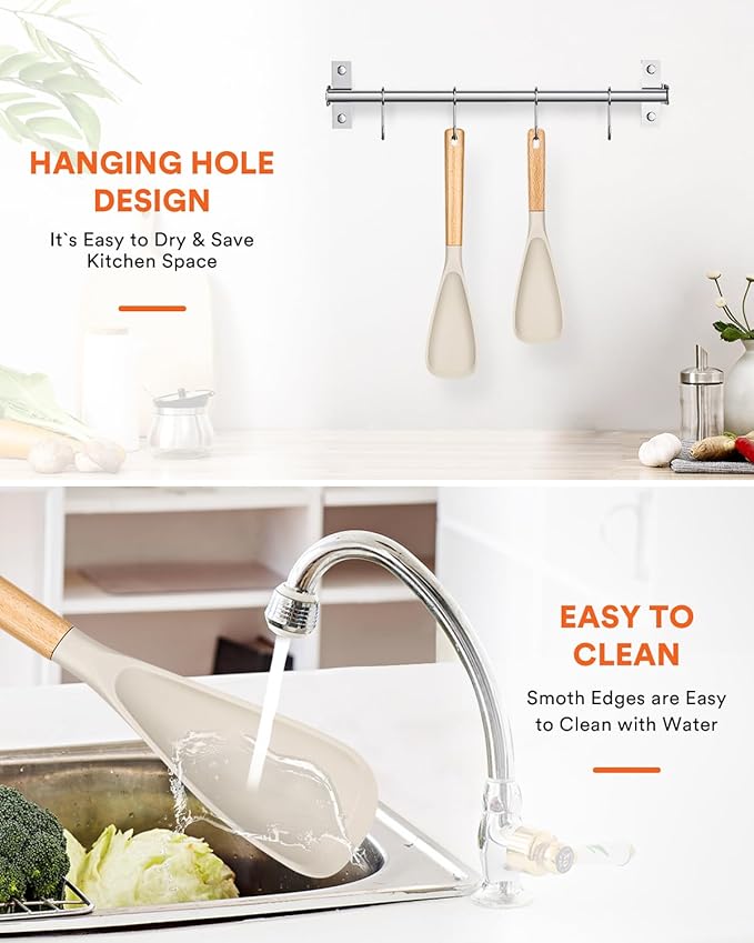 Multifunction Spatula Spoon for Nonstick Cookwares, Great for Cooking and Serving, Sturdy BPA-Free Matte Silicone, Wood Handle Spatula for Mixing, Scoop, and Scrape, Khaki(2 pack,11.4" & 13.4")-Ruum Studio Home