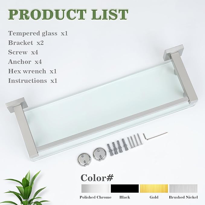 Alise Bathroom Glass Shelf with Stainless Steel Railing, Brushed Nickel Small Tempered Glass Floating Wall Shelf Over The Toilet, 16 inch-Ruum Studio Home