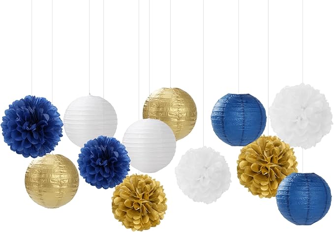 Navy-Blue Gold Party-Decorations Paper-Flowers Lanterns - 15PCS Royal White Baby Bridal Shower Tissue Pom Poms Streamers, Bachelorette Birthday Wedding Graduation Hanging Supplies Decor Hugfond-Ruum Studio Home