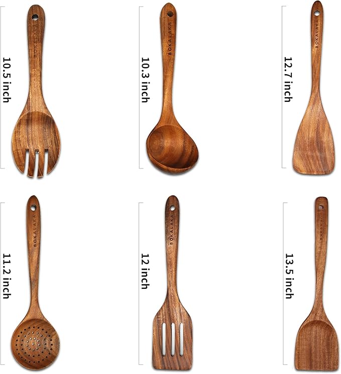 GreyWooden Kitchen Utensil Set, 6Pcs Wooden Cooking Utensils for Non-Stick Pan, 100% Natural Teak Wooden Spatula-Ruum Studio Home