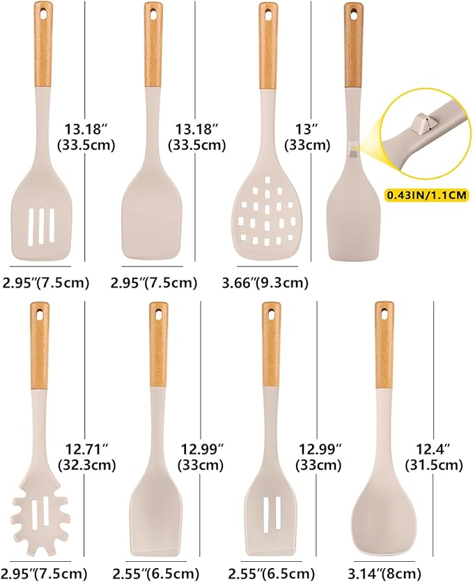Silicone Kitchen Utensil Set for Non Stick Cookware, 7 Pcs Heat Resistant Cooking Utensils with Wooden Handle, BPA Free Kitchen Tools with Spatulas, Spoons, Skimmer and Pasta Fork (KHAKI)-Ruum Studio Home