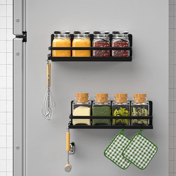 Magnetic Spice Rack Refrigerator Magnetic Shelf Fridge Organizer Space Saver Container for Kitchen/Apartment, Drill free, Black 4 Packs-Ruum Studio Home