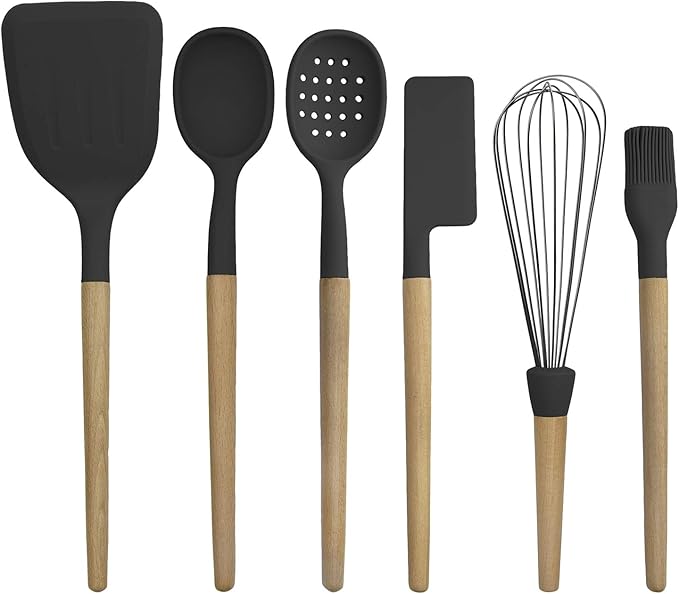 Country Kitchen Non Stick Silicone Utensil Set with Rounded Wood Handles for Cooking and Baking, 6 Piece Set, Black-Ruum Studio Home