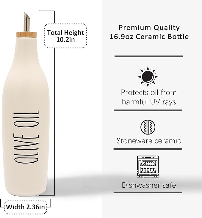 HOMCDALY Ceramic Olive Oil Dispenser for Kitchen, Stoneware 16oz Oil Cruet and Vinegar Bottles Dispenser, Kitchen Dispenser Bottle for EVOO Vinegar Syrups, Modern Farmhouse Design(W-O)-Ruum Studio Home