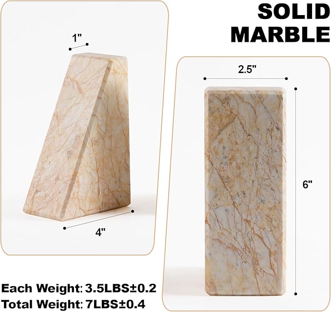 Marble Bookends,Natural Decorative Bookend for Shelves, Non-Skid Book End for Heavy Books, Idea Book Stoppers & Holder for Desk Bookshelf Decor, Modern Home Decor Cream Color Book Ends, Set of 2-Ruum Studio Home