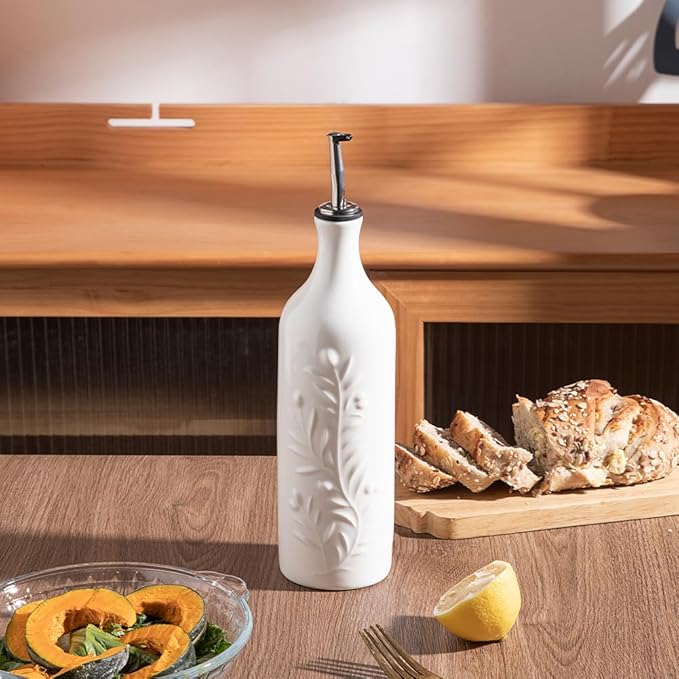 Sweejar Large Olive Oil Dispenser Bottle with Spout, 24 Oz Ceramic Oil Dispenser for Kitchen, Relief Opaque Oil Cruet, Oil Container for Cooking, EVOO, Avocado Oil, Vinegar, Pack of 1 (White)-Ruum Studio Home