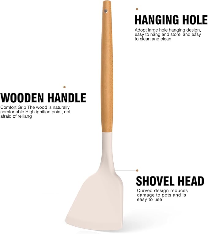 Silicone Cooking Utensils Set - Silicone Kitchen Utensils for Cooking Wooden Handles, 446°F Heat Resistant Kitchen Utensil Spatula Sets w Holder, Gadgets for Non-Stick Cookware BPA FREE (Khaki)-Ruum Studio Home