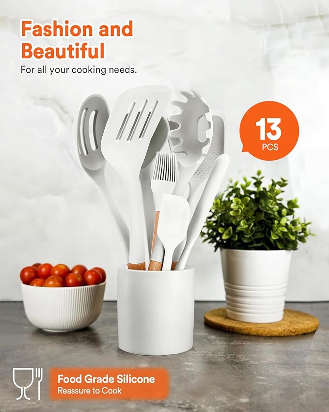 Kitchen Utensils Set, 13PCS Silicone Cooking Utensils, Heat Resistant Kitchen Utensil Spatula Set for Nonstick Cookware, Wooden Handles Kitchen Gadgets Tools Set-Ruum Studio Home