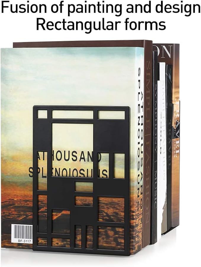 Book Ends, Bookends, Book Ends for Shelves, Bookends for Heavy Books, Book Divider Decorative Holder, Metal Heavy Duty Bookend Black 2 Pair, Abstract Art Desgin Book Stopper Supports for Office, Home-Ruum Studio Home