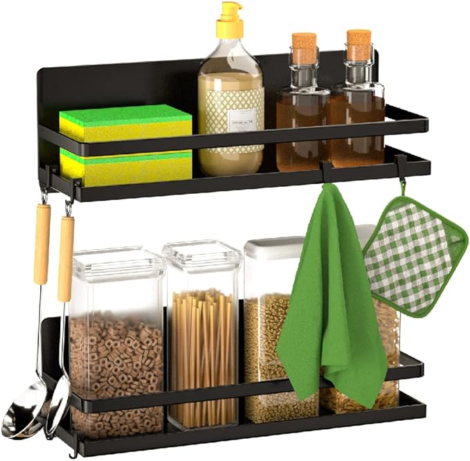 Magnetic Spice Rack Refrigerator Magnetic Shelf Fridge Organizer Space Saver Container for Kitchen/Apartment, Drill free, Black 4 Packs-Ruum Studio Home