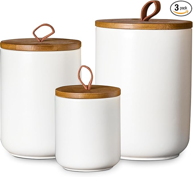 JOJUNO White Ceramic Canister Set with Wooden Lid, 3-Piece Airtight Food Storage Jars for Kitchen Counter - Flour, Sugar, Coffee, Tea, Spice - Small, Medium, Large Sizes-Ruum Studio Home
