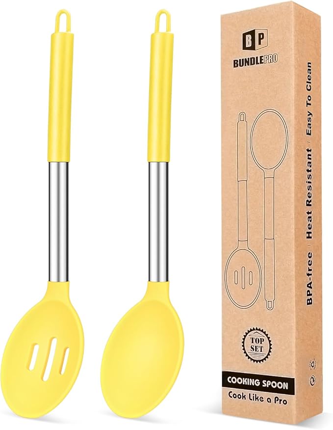 Pack of 2 Large Silicone Cooking Spoons,Non Stick Solid Basting Spoon,Heat-Resistant Kitchen Utensils for Mixing,Serving,Draining,Stirring (YELLOW)-Ruum Studio Home