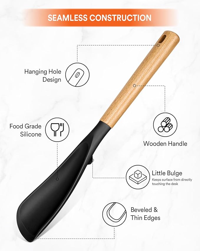 Multifunction Spatula Spoon for Nonstick Cookwares, Great for Cooking and Serving, Sturdy BPA-Free Matte Silicone, Wood Handle Spatula for Mixing, Scoop, and Scrape, Black(2 pack,11.4" & 13.4")-Ruum Studio Home