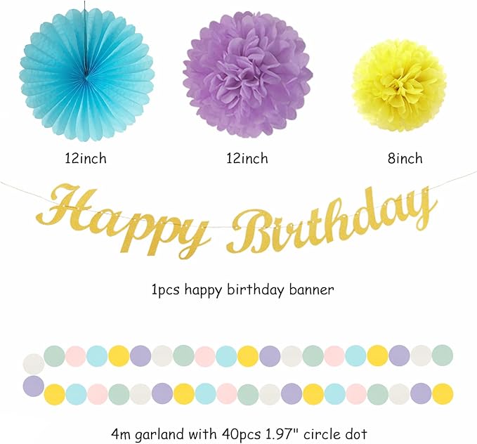 Pastel-Rainbow Colorful Birthday Party-Decorations Paper-Flowers - 14pcs Happy Banner Carnival Theme Lanterns Tissue Pom Poms,Macaron Streamers Garland Fans Honeycomb Hanging Supplies Decor Hugfond-Ruum Studio Home