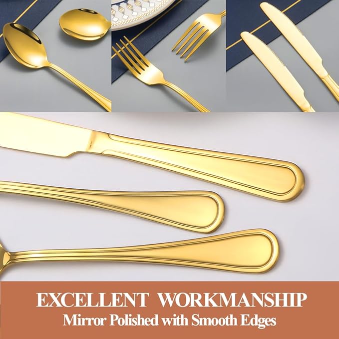 40 Pcs Gold Silverware Set for 8 with Simple Striped Handle Design, Food Grade Stainless Steel Flatware Set, Eating Utensils Sets Include Fork/Knife/Spoon, Cutlery Set, Dishwasher Safe-Ruum Studio Home