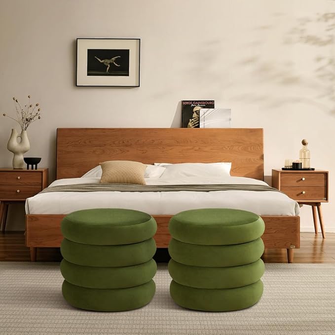 ONEVOG Round Storage Ottoman, 20" Small Ottomans Table with Removable Lid, Velvet Fabric Soft Footrest Stool for Couch, Upholstered Stuffed Circle Seat for Livingroom/Bedroom/Dorm/Vanity, Olive Green-Ruum Studio Home