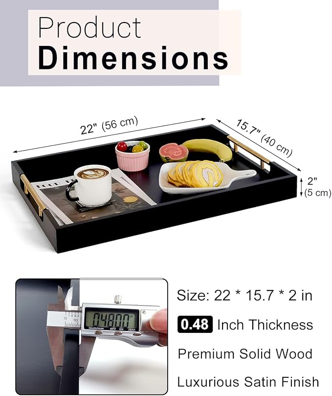 22 Inch Rectangle Black Ottoman Tray with Gold Metal Handles, Extra Large Wooden Serving Tray for Living Room, Coffee Table, Kitchen & Hosting-Ruum Studio Home