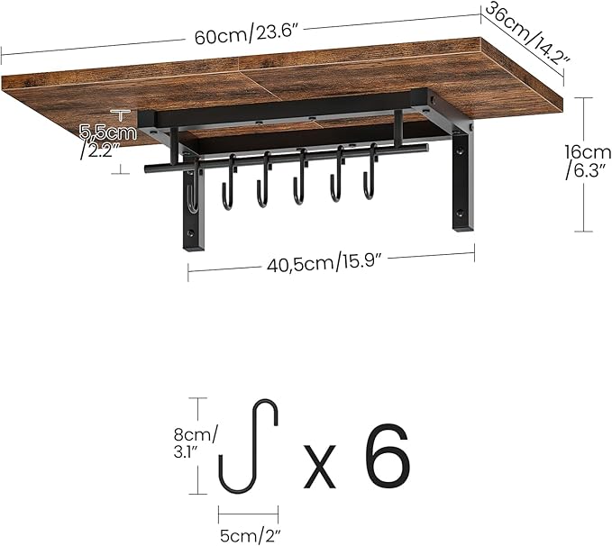 Wall-Mounted Pot Racks, Set of 2 Hanging Pot Rack, Floating Shelves, Wall Shelves, Vintage Pot Hangers for Kitchen, Wall Rack for Kitchen Storage, Rustic Brown and Black TPR26P2BF-Ruum Studio Home