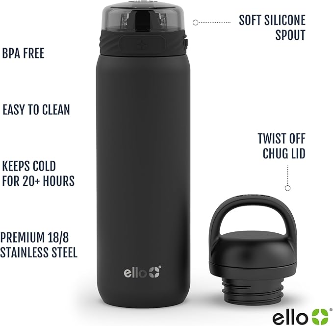 Ello Cooper 22oz Stainless Steel Water Bottle with 2 Lids Chug and Straw | Leak Proof Double Walled and Vacuum Insulated | Fits Car Cupholder | Built in Carry Loop | Dishwasher Safe | Gray